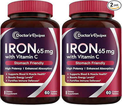 Doctor's Recipes Iron Supplement 65 mg with Vitamin C - Maximized Absorption & Stomach Friendly Iron Pills for Red Blood Cells Formation, Heart, Brain & Immunity Health - Vegan 120 Tabs (Pack of 2)