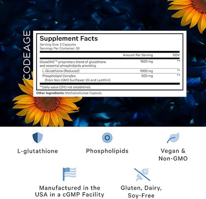 Codeage Liposomal Glutathione 1000 mg Supplement, High-Potency Reduced L-Glutathione - Liposomal Delivery - Phospholipids - Non-GMO, Gluten-Free - 60 Capsules