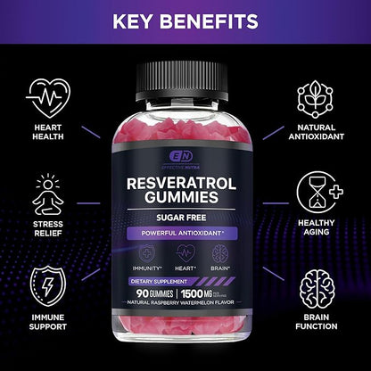 Resveratrol Gummies 1500mg | Sugar-Free Supplement for Antioxidant Support, Immunity, Heart Health, and Brain Function | 45-Day Supply, Natural Berry Flavor, Made in USA (90 Count)