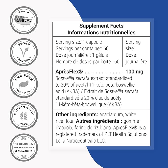 Supersmart - Super Boswellia Extract 100mg per Day (Patented & High Strength) - ApresFlex Boswellia Serrata Supplement - 20% AKBA | Non-GMO & Gluten Free - 60 Vegetarian Capsules