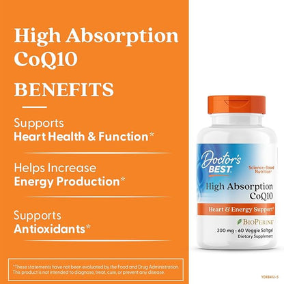 Doctor's Best High Absorption COQ10, Heart & Energy Support, USP Verified, Naturally Fermented CoQ10, Non-GMO Gluten Free, Soy Free, Vegetarian 60 Veggie Softgels