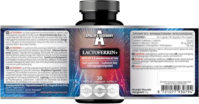 APOLLO'S HEGEMONY Lactoferrin+ 100 mg - with Vitamin C and Arabinogalactan - 30 Vegan Capsules - 1 Month Supply - for Enhanced Immunity and Iron Absorption