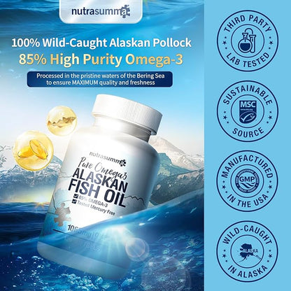 High Purified Omega 3 Supplement Wild Alaskan Fish Oil Burpless & No Fishy Taste, 650mg EPA &270mg DHA of 1250mg Fish Oil softgels, Gluten Free, Heart, Brain& Immune Support, 60 Servings