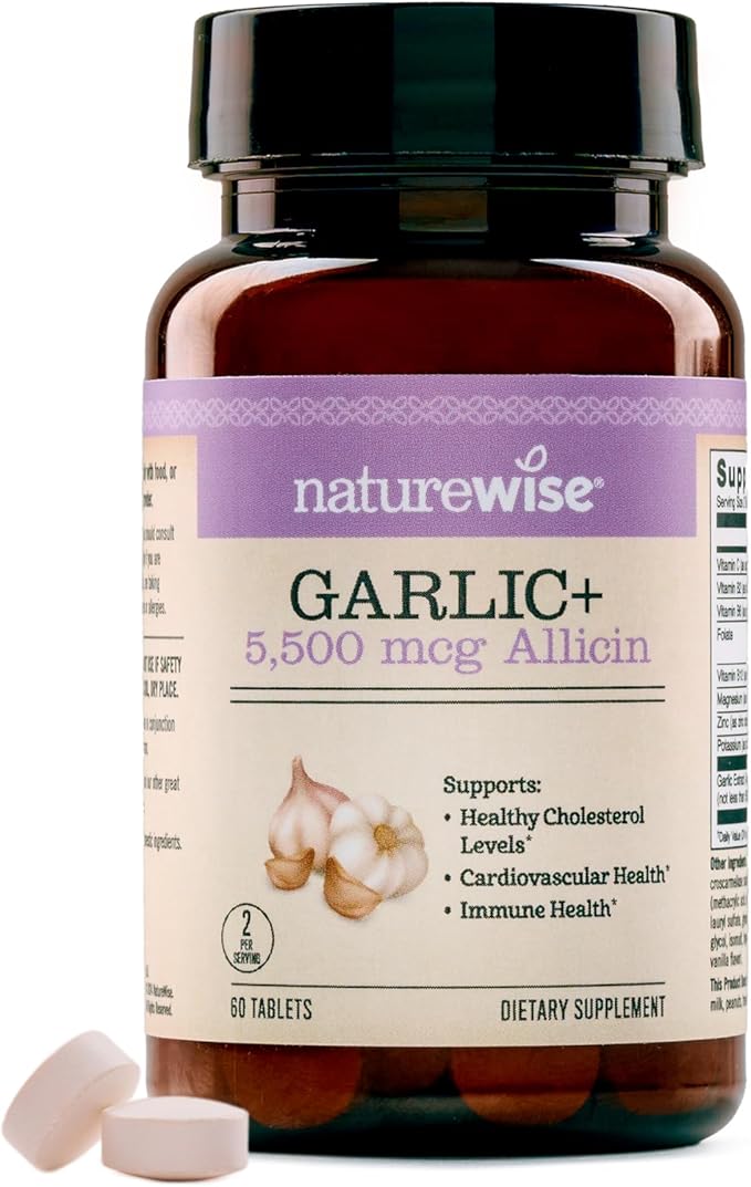 NatureWise Garlic Extract Supplement - Healthy Cholesterol & Blood Pressure Formula + B Vitamins, C, 5500mcg Allicin - Vegan Tablets w/Enteric Coating, Non-GMO, Gluten-Free, 60 Count [30-Day Supply]
