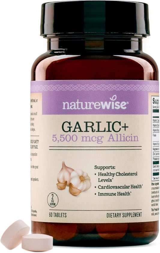 NatureWise Garlic Extract Supplement - Healthy Cholesterol & Blood Pressure Formula + B Vitamins, C, 5500mcg Allicin - Vegan Tablets w/Enteric Coating, Non-GMO, Gluten-Free, 60 Count [30-Day Supply]