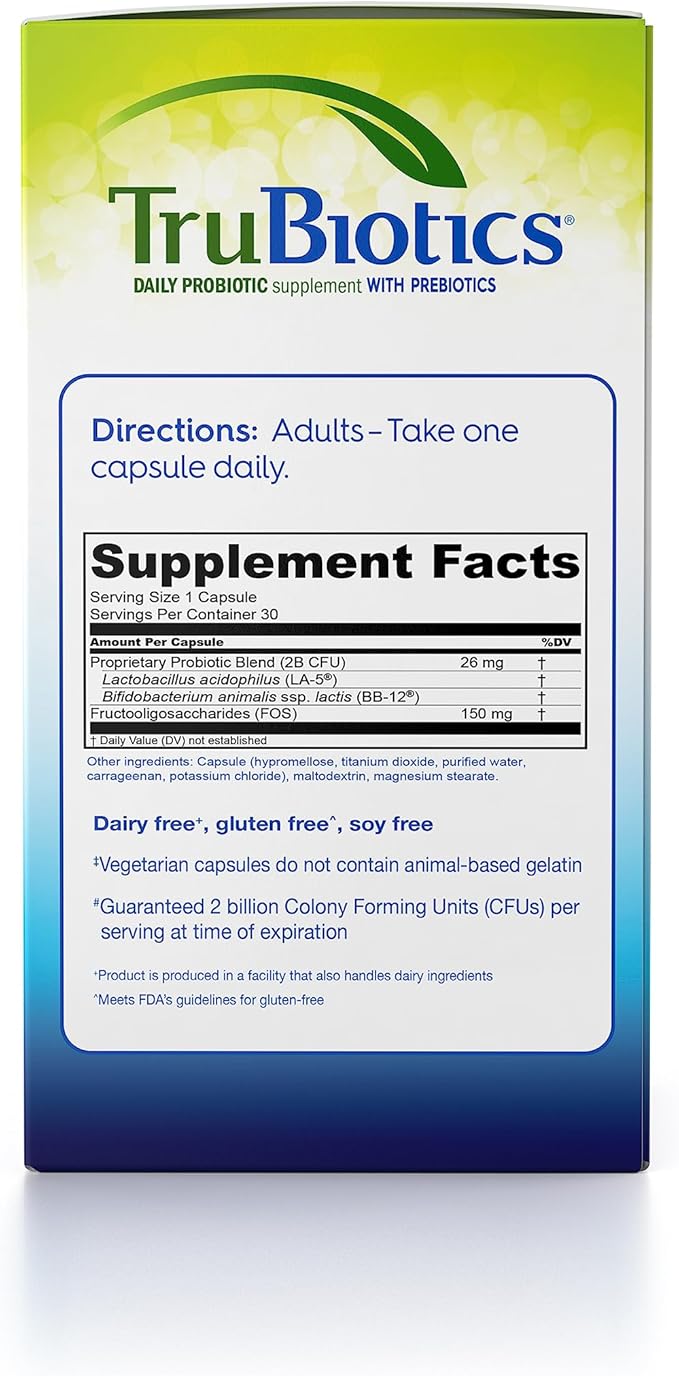 TruBiotics Probiotics for Digestive & Immune Health, Supports Regularity & Helps Relieve Abdominal Discomfort, Gas & Bloating, 2 Clinically Studied Probiotic Strains, Plus Prebiotics, 30 Capsules