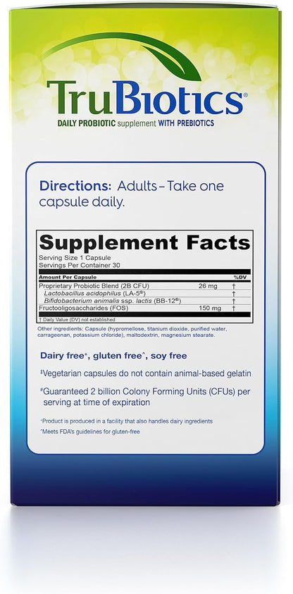 TruBiotics Probiotics for Digestive & Immune Health, Supports Regularity & Helps Relieve Abdominal Discomfort, Gas & Bloating, 2 Clinically Studied Probiotic Strains, Plus Prebiotics, 30 Capsules