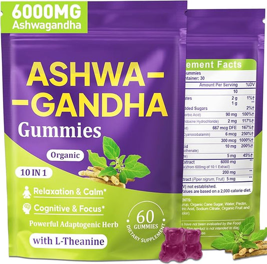 Ashwagandha Gummies - 10 in 1 Organic Ashwaganda Gummies for Women & Men, with L Theanine, Vitamin B6, Black Pepper for Relaxation*, Cognitive, Immune, Zzz, Cortisol, Vegan, Berry Flavor - 60 Count
