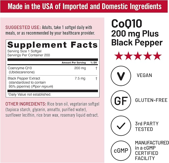 NatureWise CoQ10 200mg Softgels, High Absorption Coenzyme Q10 with BioPerine Black Pepper - Antioxidant for Heart Health + Cellular Energy - Vegan, Non-GMO, Gluten-Free - 200 Count[200-Day Supply]