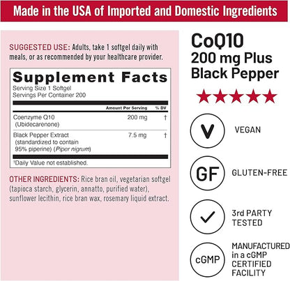 NatureWise CoQ10 200mg Softgels, High Absorption Coenzyme Q10 with BioPerine Black Pepper - Antioxidant for Heart Health + Cellular Energy - Vegan, Non-GMO, Gluten-Free - 200 Count[200-Day Supply]