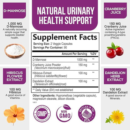 D-Mannose with Cranberry, Hibiscus & Dandelion 1350mg Advanced Formula – Urinary Tract Support Supplement for Women & Men – Flush & Cleanse Impurities – Non-GMO, Vegan for Women & Men – 180 Capsules