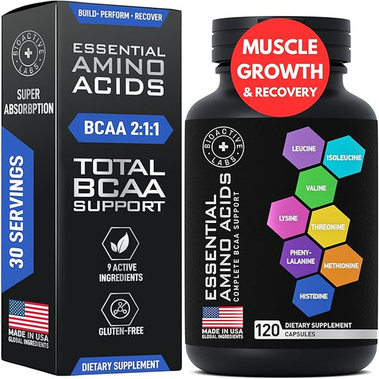 Essential Amino Acids Supplement for Women & Men - Vegan BCAA Amino Acid Complex for Muscle Growth with All 9 BCAAs Essential Aminos - Advanced Workout Power & Recovery Formula - 120 EAA BCAA Pills