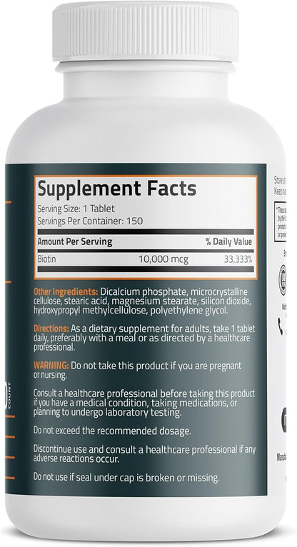 Bronson Biotin 10,000mcg, Supports Healthy Hair, Skin and Nails, Vegetarian, Non-GMO, 150 Tablets