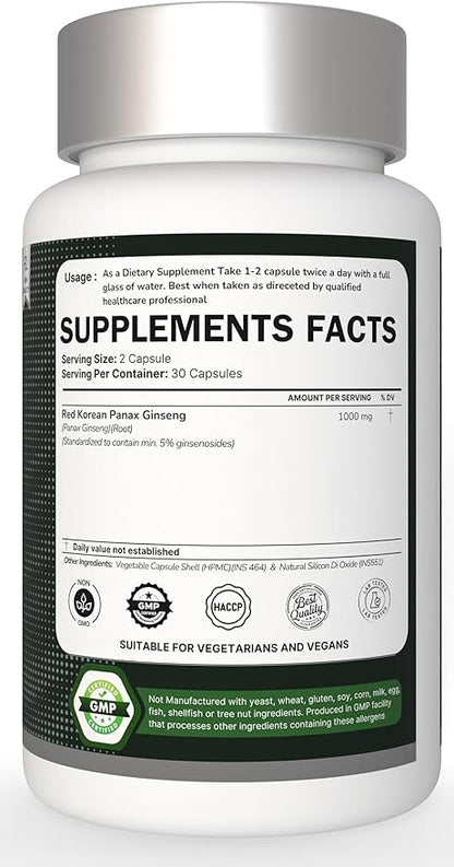 Panax Ginseng Capsule 500 MG Per Serving Energy, Serving for Mood, Cognitive Function and Energy Support, Non-GMO (Pack of 20 Capsule)