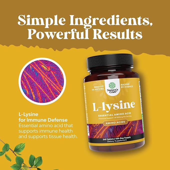 Natures Craft L Lysine 1000mg per Serving Nutritional Supplements - L-lysine Essential Amino Acids for Eye Health Lip Care Bone Support Immune System Muscle Growth and Vegetarian Collagen 240 Tablets