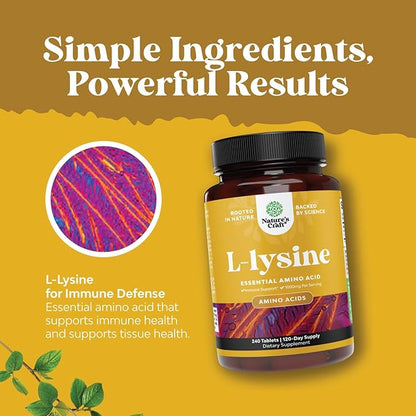 Natures Craft L Lysine 1000mg per Serving Nutritional Supplements - L-lysine Essential Amino Acids for Eye Health Lip Care Bone Support Immune System Muscle Growth and Vegetarian Collagen 240 Tablets
