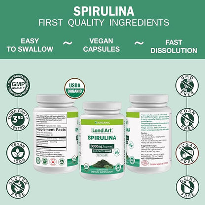 Land Art Certified Organic Spirulina - 180 Capsules - Superfood- Rich in Minerals, Vitamins and proteins - Vegan