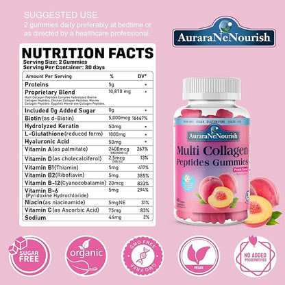 2 Pack Multi Collagen Peptides Peach Gummies & GLP-1 Daily Gummies Sugar-Free for Women Men