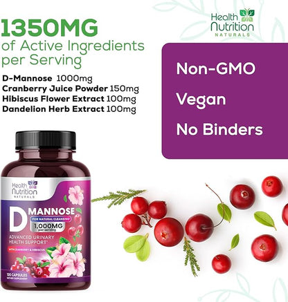 D-Mannose with Cranberry, Hibiscus & Dandelion 1350mg Advanced Formula – Urinary Tract Support Supplement for Women & Men – Flush & Cleanse Impurities – Non-GMO, Vegan for Women & Men – 120 Capsules