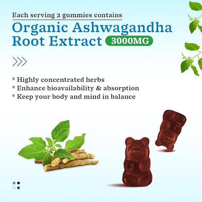Ashwagandha Gummies for Women & Men, Ashwagandha Supplements for Calm Mood & Increased Energy, Non-GMO, Gluten-Free, Vegan 60ct