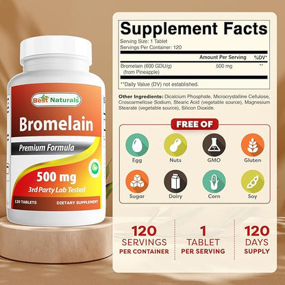 Best Naturals Bromelain Proteolytic Digestive Enzymes Supplements, 500 mg, 120 Tablets - Supports Healthy Digestion, Joint Health, Nutrient Absorption