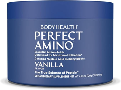 BodyHealth PerfectAmino Powder - BCAA and EAA Powder for Pre and Post Workout - Amino Acid Energy Drink for Men and Women to Support Lean Muscle and Recovery - Vanilla - 20 Servings