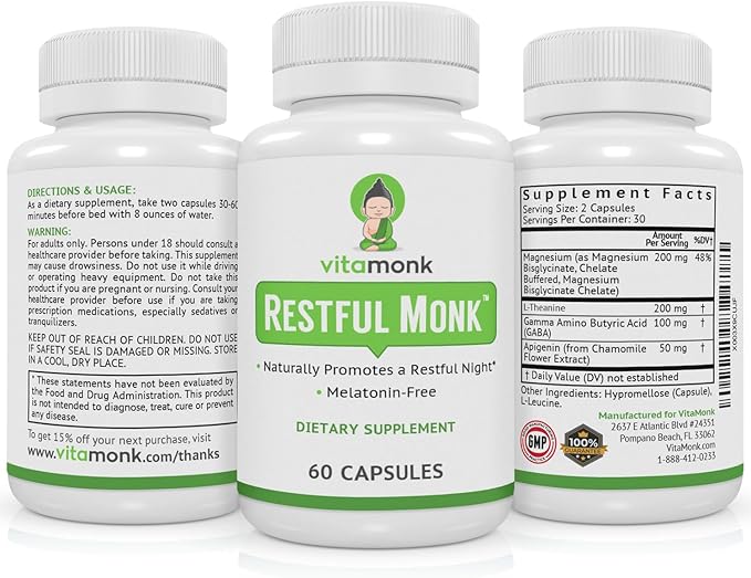 VitaMonk Melatonin Free Sleep Aid With Magnesium, GABA, Theanine and Apigenin - Natural Sleep Aid Without Melatonin, Natural Sleep Aids for Adults, Sleeping Pills for Adults, Sleeping Aids for Adults