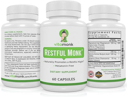 VitaMonk Melatonin Free Sleep Aid With Magnesium, GABA, Theanine and Apigenin - Natural Sleep Aid Without Melatonin, Natural Sleep Aids for Adults, Sleeping Pills for Adults, Sleeping Aids for Adults