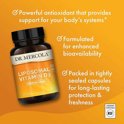 Dr. Mercola Liposomal Vitamin D3 - Supports Heart, Bone & Immune Health - 5,000 IU Per Serving - Non-GMO, Soy Free & Gluten Free - 90 Capsules (90 Servings)
