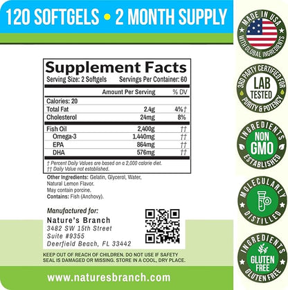 Best Triple Strength Omega 3 Fish Oil Pills 2400mg | 120 Capsules | Burpless High Potency Lemon Flavor | 864mg EPA 576mg DHA Ultra Pure Liquid Softgels | Brain Joints Eyes Hair Heart Health Supplement