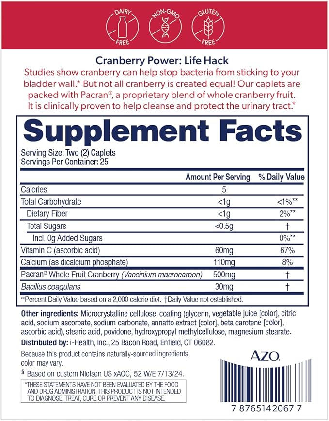 AZO Cranberry Urinary Tract Health Supplement, 1 Serving = 1 Glass of Cranberry Juice, Sugar Free Cranberry Pills, 50 Count