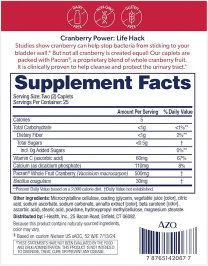AZO Cranberry Urinary Tract Health Supplement, 1 Serving = 1 Glass of Cranberry Juice, Sugar Free Cranberry Pills, 50 Count