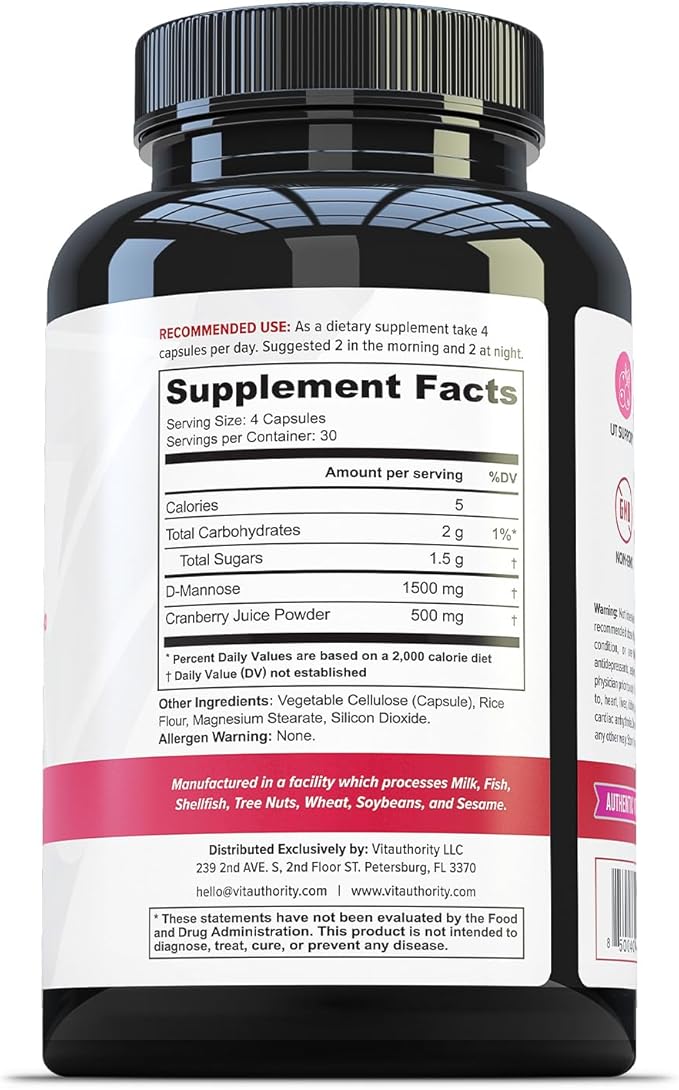 Vitauthority Fast Acting UTI Support Capsules- Cranberry Juice Powder for Utinary Tract Health and Preventitive Support- Enhanced Blend Promotes Urinary Health- 120 Vegetarian Capsules