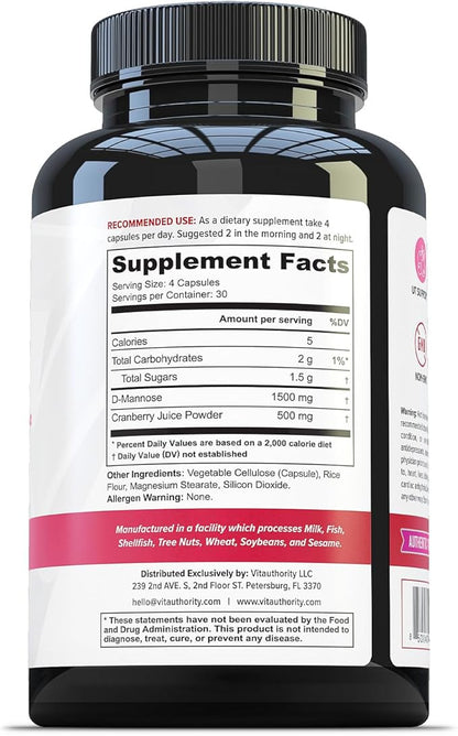 Vitauthority Fast Acting UTI Support Capsules- Cranberry Juice Powder for Utinary Tract Health and Preventitive Support- Enhanced Blend Promotes Urinary Health- 120 Vegetarian Capsules