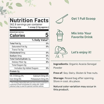 Micro Ingredients Organic Acacia Senegal Powder, 2 Pounds (32 Ounce), Instant Soluble Fiber Powder, Plant-Based Prebiotic Superfood for Gut Health, Non-GMO, No Gluten, Vegan