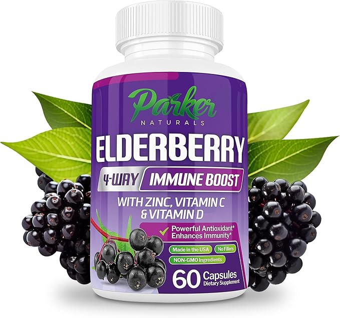 Organic Elderberry Capsules, 4-Way Immune Boost, Vitamins C, D, and Zinc Support, 1260.1 mg Elderberry Supplements for Adults, 60 Capsules