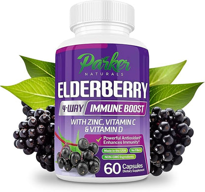 Organic Elderberry Capsules, 4-Way Immune Boost, Vitamins C, D, and Zinc Support, 1260.1 mg Elderberry Supplements for Adults, 60 Capsules