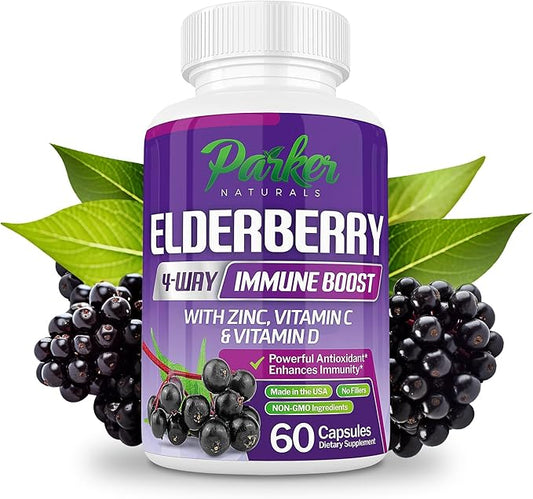 Organic Elderberry Capsules, 4-Way Immune Boost, Vitamins C, D, and Zinc Support, 1260.1 mg Elderberry Supplements for Adults, 60 Capsules