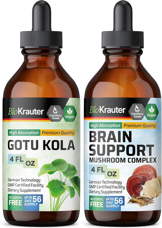 BIO KRAUTER Gotu Kola Tincture 4 Fl. Oz. & Brain Support Mushroom Tincture 4 Fl. Oz.
