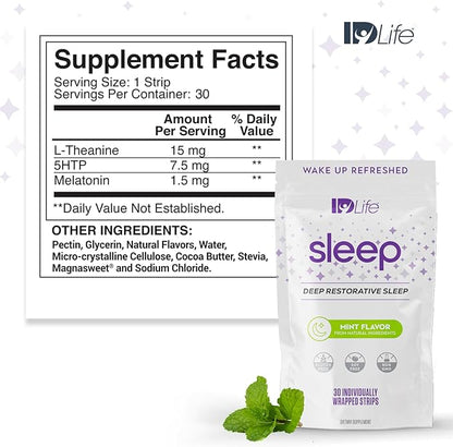 IDLife - Sleep Aid for Grown-Ups - Non-GMO - Non-Habit Forming - Gentle Blend with Melatonin, L-Theanine, and 5HTP - 30 Individually Wrapped Strips