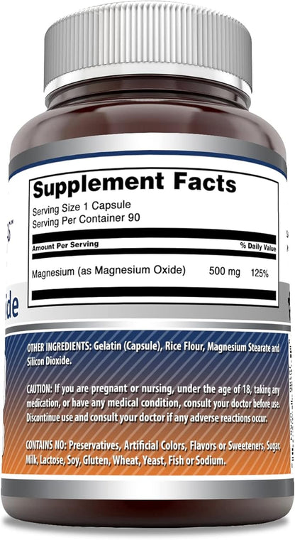 Amazing Formulas Magnesium Oxide 500 mg Capsules Supplement | Non-GMO | Gluten Free | Made in USA (90 Count | 3 Pack)