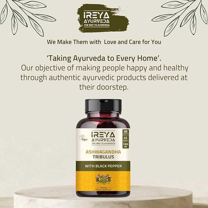 Ashwagandha Capsules Organic 1000mg (90 Capsules) Made with Tribulus Terrestris, Shatavari and Black Pepper Organic Ingredients | 45 Days Supply