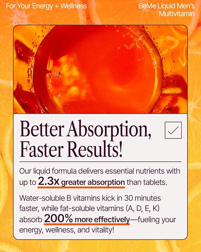 BeMe Liquid Multivitamin for Men - Clinically Tested Mens Multivitamin, 2X Faster Absorption & High Bioavailability - A, B-Complex, C, D, E, K, Calcium, Zinc, Magnesium - Non-GMO, Soy, Dairy Free