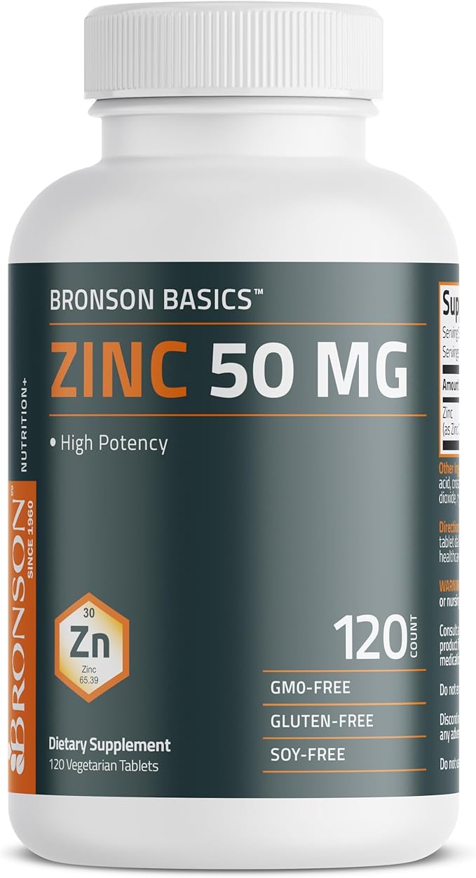 Bronson Zinc 50 MG High Potency Supports Skin Health - Non-GMO, 120 Vegetarian Tablets