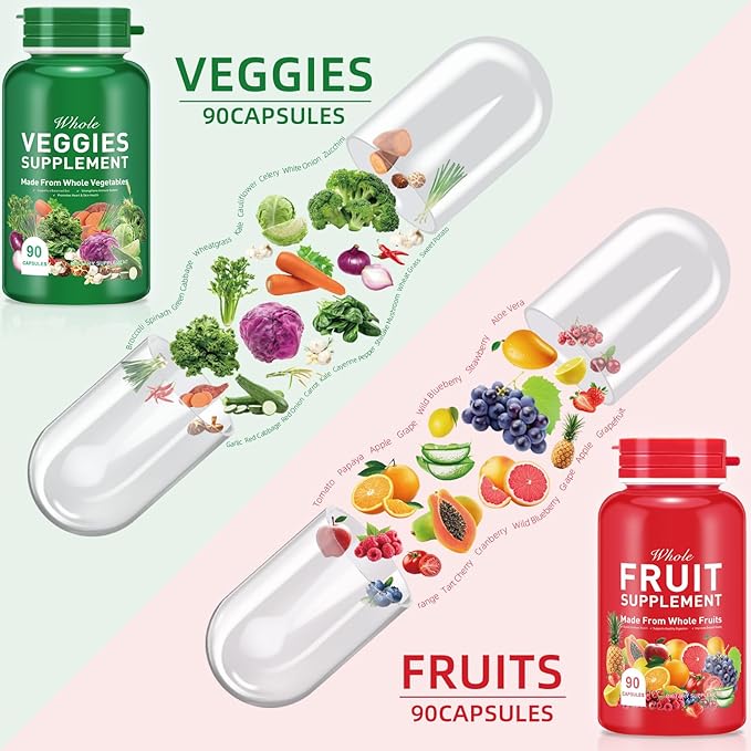 Fruits and Vegetables Supplements,Fruit and Veggies Supplement -90 Fruit & 90 Vegetables High Fiber Supplement for Immunity, Gut & Energy, Superfood Formula, Vegan