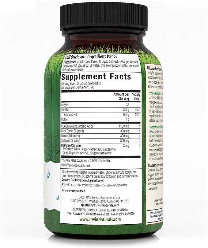 Irwin Naturals CLA Lean Body Fat Reduction - Helps Reduce Body Fat & Increase Muscle Tone - 80 Liquid Soft-Gels (Pack of 2)
