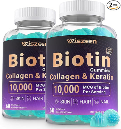 Biotin Gummies, Biotin 10000mcg with Collagen, Keratin, Hyaluronic Acid for Hair Growth, Hair Vitamins for Men and Women - Hair, Skin and Nails Support