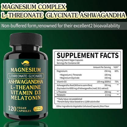 Magnesium Ashwagandha Supplement,Magnesium L-threonate & Glycinate,Melatonin,L-Theanine Plus Vitamin D3,Gluten Free,120 Capsules