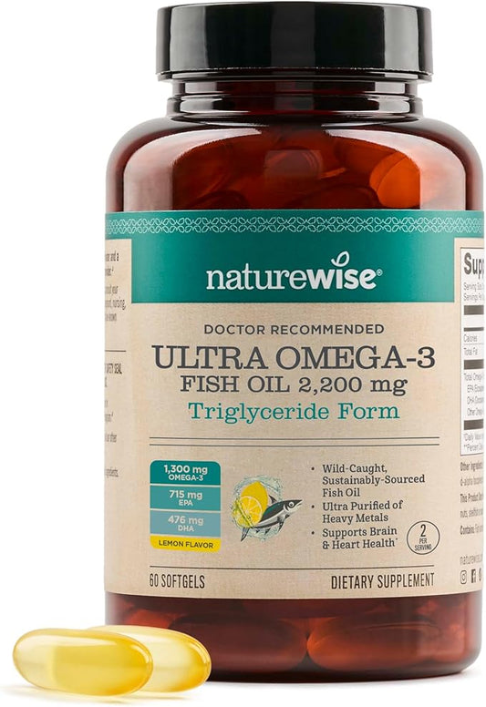 NatureWise Ultra Omega 3 Fish Oil 2200 mg - Triglyceride Form - Lemon Flavor - Wild-Caught Fish Oil + EPA & DHA - Supports Brain & Heart Health - Burpless, Non-GMO - 60 Softgels[1-Month Supply]