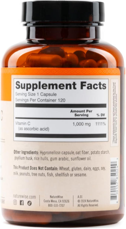 NatureWise Vitamin C 1000mg Capsules - Extra Strength Dietary Supplement for Daily Immune Support & Collagen Synthesis - Vegan, Non-GMO, Gluten Free - 120 Count[4-Month Supply]